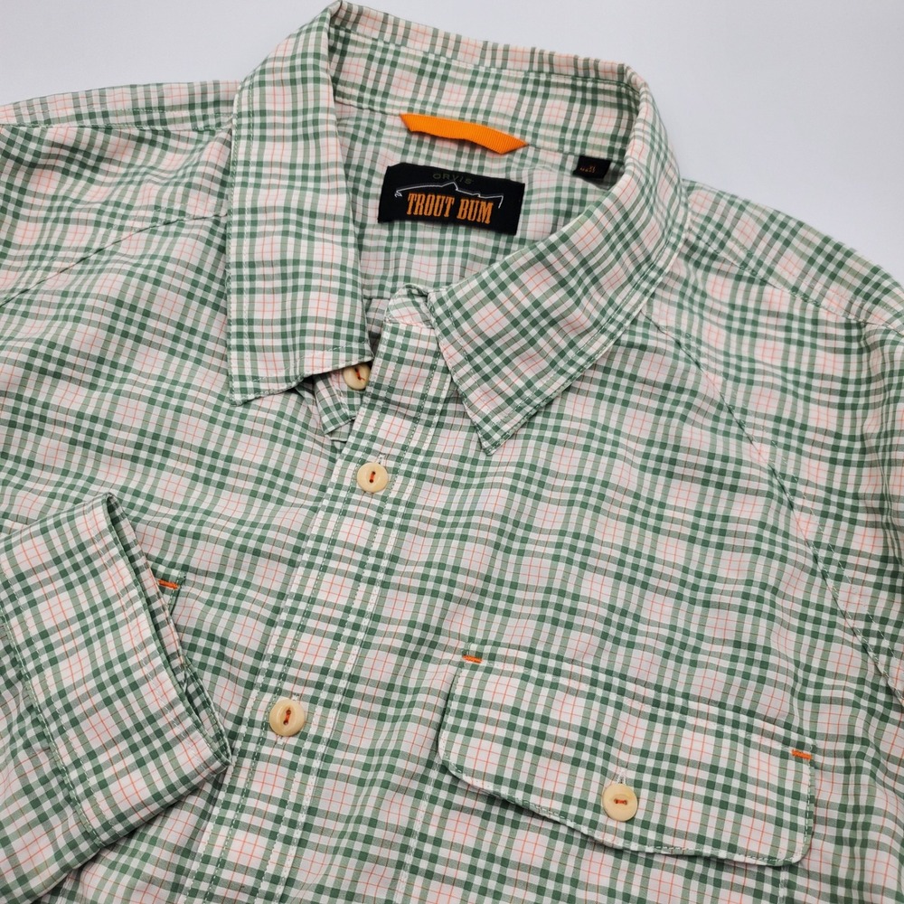 Orvis Trout Bum Mens XL Green Gingham Plaid Fishing Shirt Long Sleeve Button Up